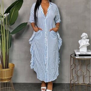 Blue and white stripe ruffle dress